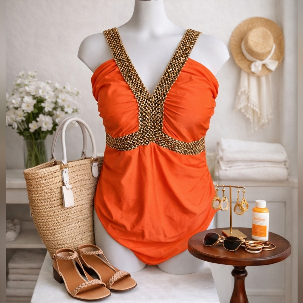 Orange One-Piece Swimsuit w/ Gold Chain Detail | Plus Size 4X